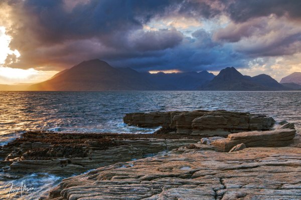 The mighty Black Cuillin seen across Loch Scavaig from Elgol, Isle of Skye, at sunset.