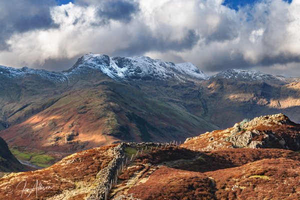 A stunning image is seen here of Bowfell in winter, captured from the summit of Lingmoor Fell, Great Langdale. Try clicking on the picture to see a bigger one with more info.