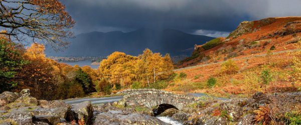 Ashness Bridge in autumn, shown here in a semi panoramic crop, perfectly illustrates the beauty of this popular location at this time of year.
